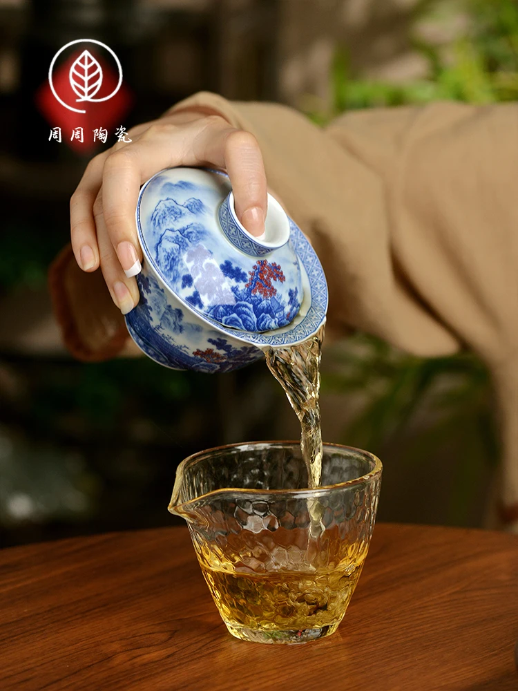 Handmade Jingdezhen Blue and Whitelandscape Gaiwan Non-Scald Tea Brewing Bowl Household Large Capacity Ceramic Kung Fu Cup