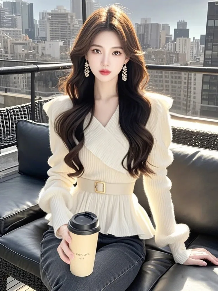 

Soft Cozy Knitted White Sweater Women's Outerwear Winter Unique Slimming Inner Wear Top Commute Sle Long Sve Color