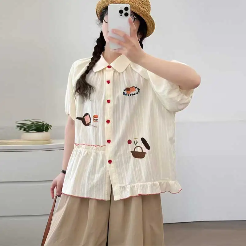 

Японская милая рубашка Mori Girl Kawaii с мультяшной вышивкой, женская милая рубашка с воротником Питера Пэна, пышная блузка с короткими рукавами и пуговицами в форме сердца, топы