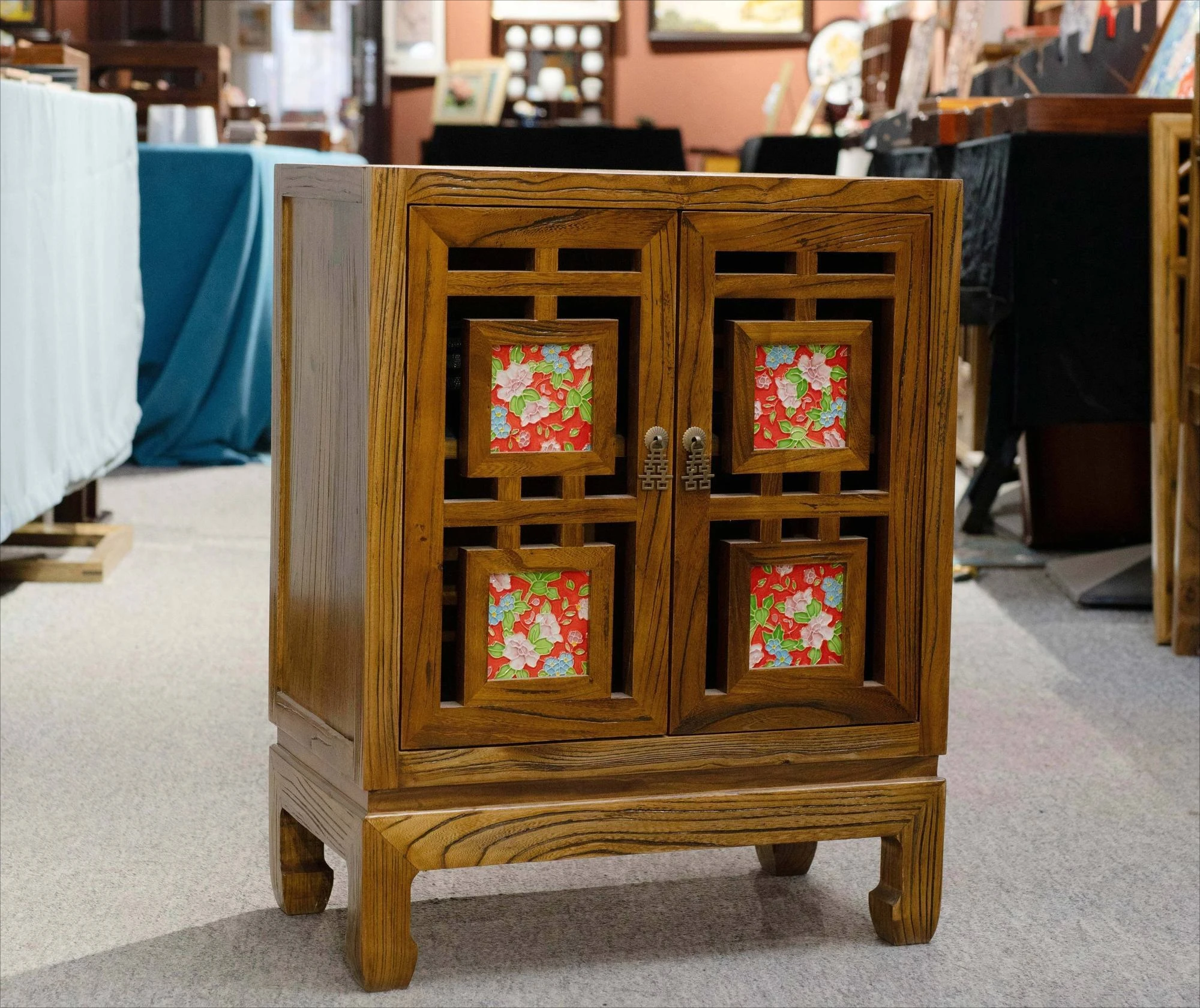 Old elm tenon and mortise hand-inlaid porcelain plate painting multi-functional storage double door tea cabinet