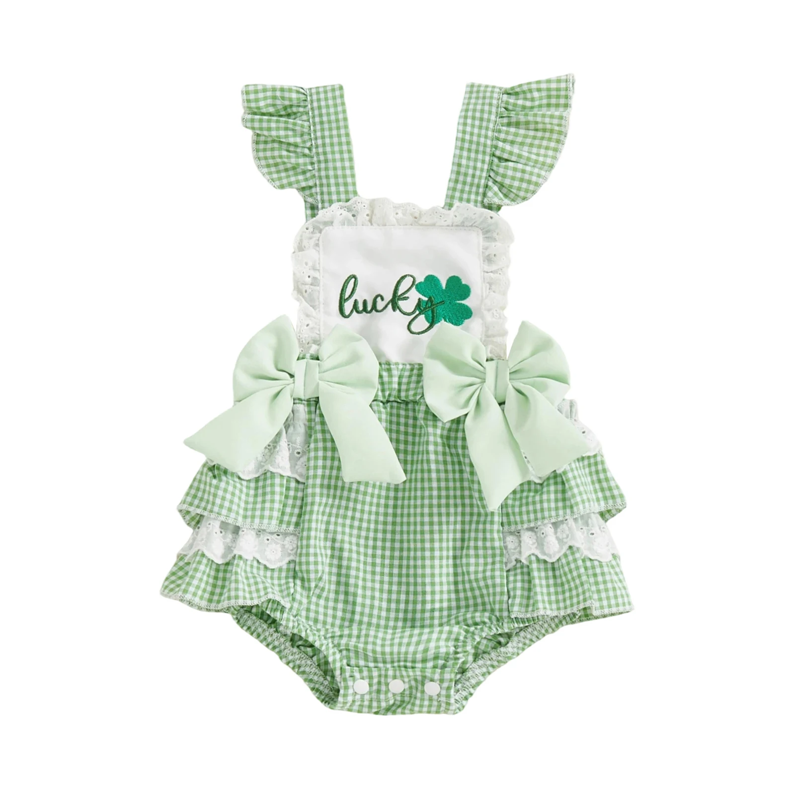 Baby Girl Irish Romper Fashionable Cute Shamrock Embroidery Flying Sleeve Plaid Jumpsuit