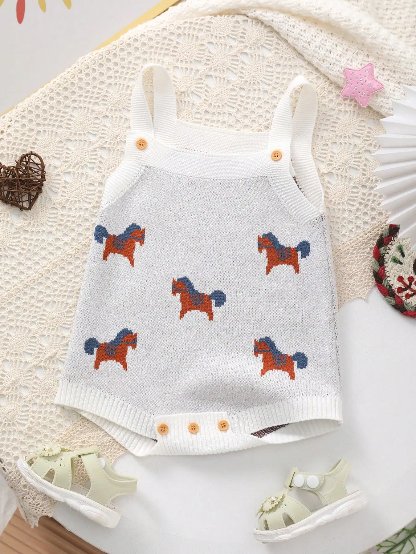 Baby Summer Cute and Adorable Pony Pattern Embroidered Knitted Suspender Triangle Romper.