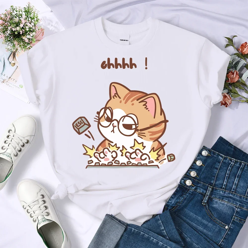 T Shirts All-Match Comfortable O-Neck Clothes Cat Typing Wildly on The Keyboard Print Women T-Shirt Hip Hop Summer Short Sleeved