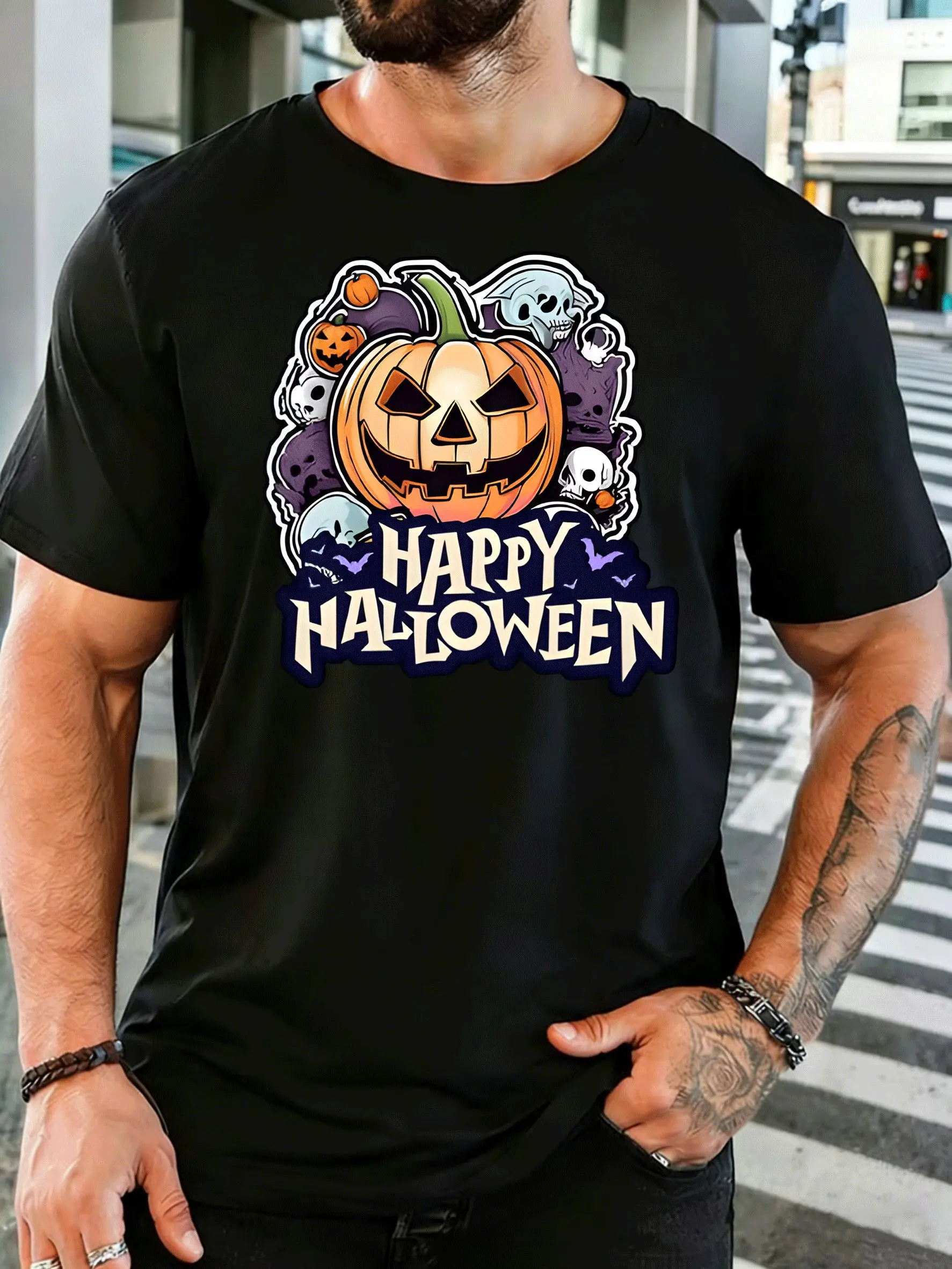 Happy Halloween Pumpkin Skull And Mens Front Print T Shirt Spooky Jack O Lantern Graphic Tee Casual Short Sleeve Top Party Gift