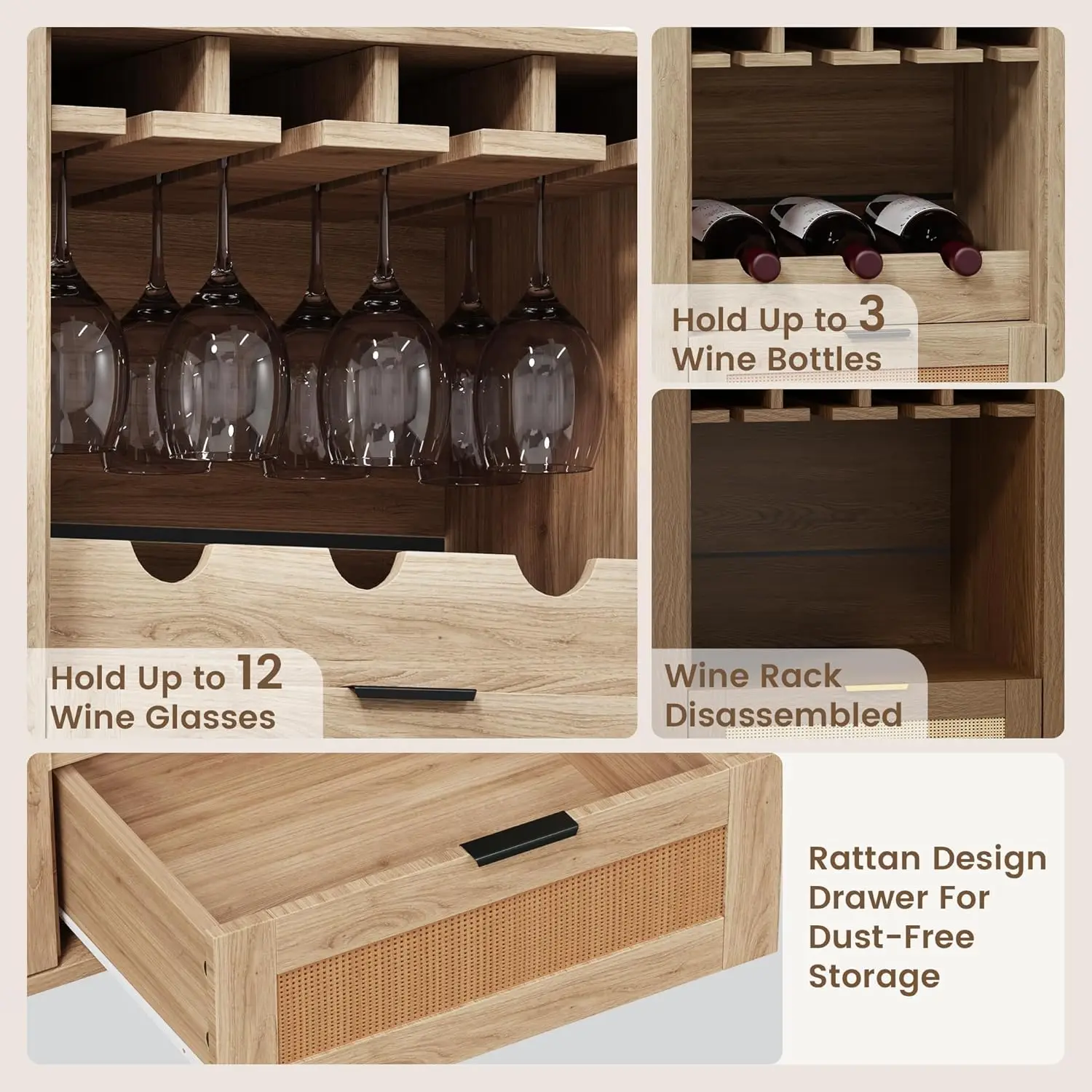 Buffet Cabinets with Storage, 51" Rattan Sideboard with Removable Wine Rack and Glass Holders, Boho Farmhouse Wine, Customized