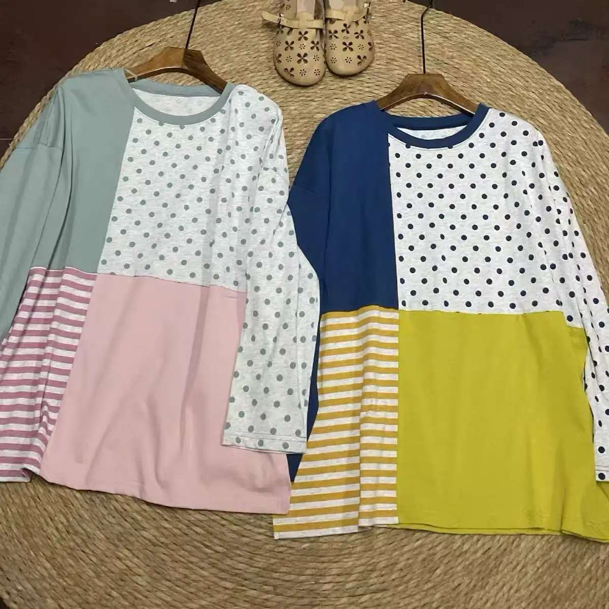 Bust 128cm mori girl style polka dot striped patchwork long sleeve shirts for women pullover autumn pure cotton tee