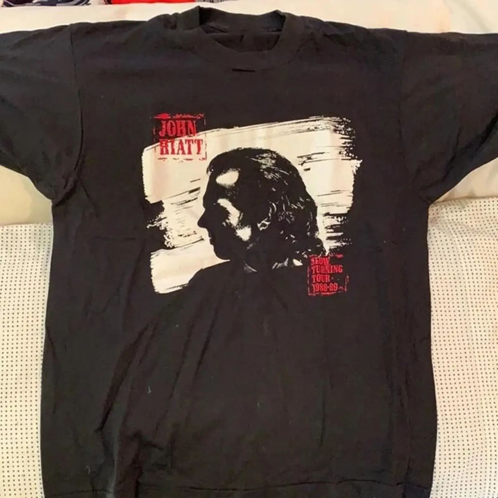Camiseta Vintage John Hiatt Concert Tour em Algodão Preto Tamanho Completo, Lavada, Levemente Elástica, Estilosa, Roupas de Designer