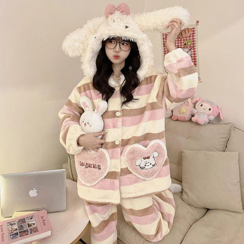 Kawaii Miniso Mikko Cartoon Coral Velvet Pajamas Women Winter Thickened and Padded Outwear Homewear Suit Girls Birthday Gifts