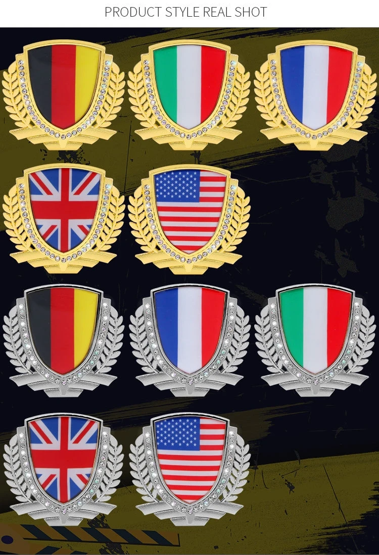 Hot Sale 3D Rhinestone Flag Car Emblem, Shield Shape Metal Sticker for Germany/UK/USA/French/Italian Flags,Auto Exterior Decor
