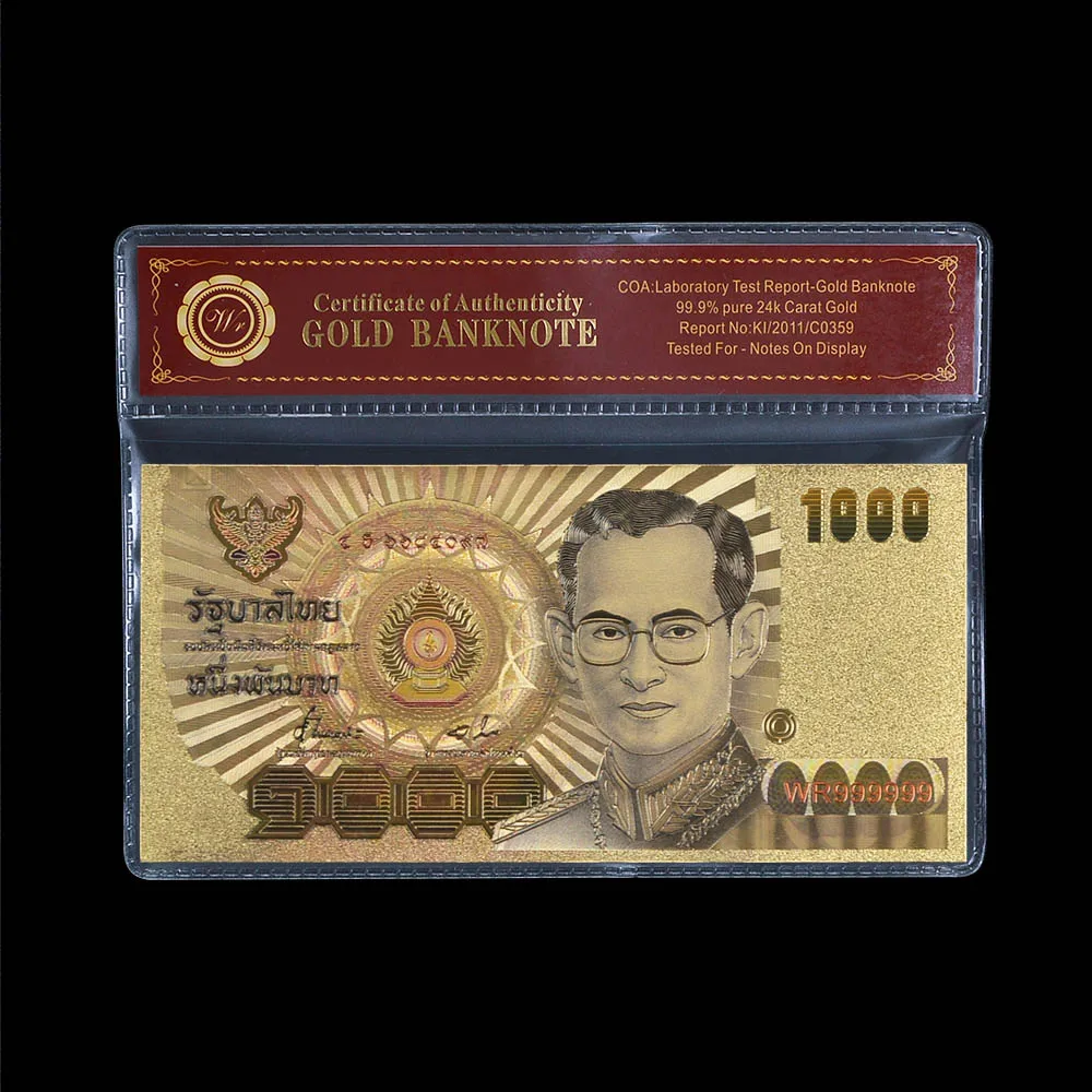 Gold Color Foil Thailand Banknotes with Frame Asian Currency PVC Commemorative Banknotes Souvenir Crafts Gift for Collection