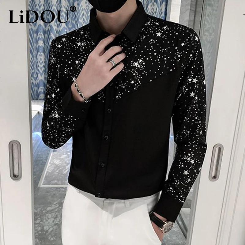 2023 Spring Autumn New Business Casual Neat Capable Male T-shirts Korean Fashion Vintage Shirt Solid Color Sequins Slim Top Men