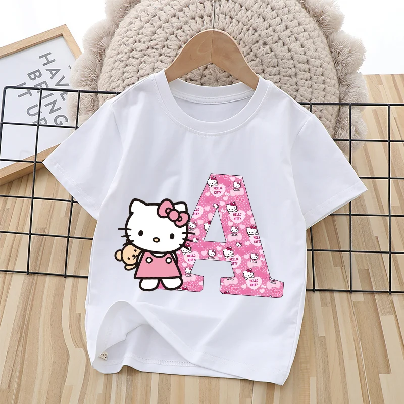T-shirt Hello Kitty Kawaii, vêtements de dessin animé, imprimé lettres personnalisées, hauts basiques doux, chemises blanches absorbantes pour filles, cadeau d'anniversaire