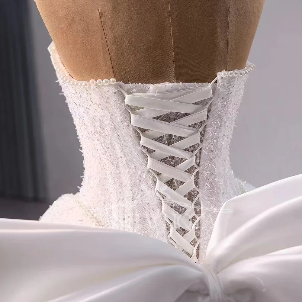 Luxury Strapless Sleeveless Wedding Dress Beaded Sequined Lace Up Back Bow Sheath Style Civil Wedding Gown