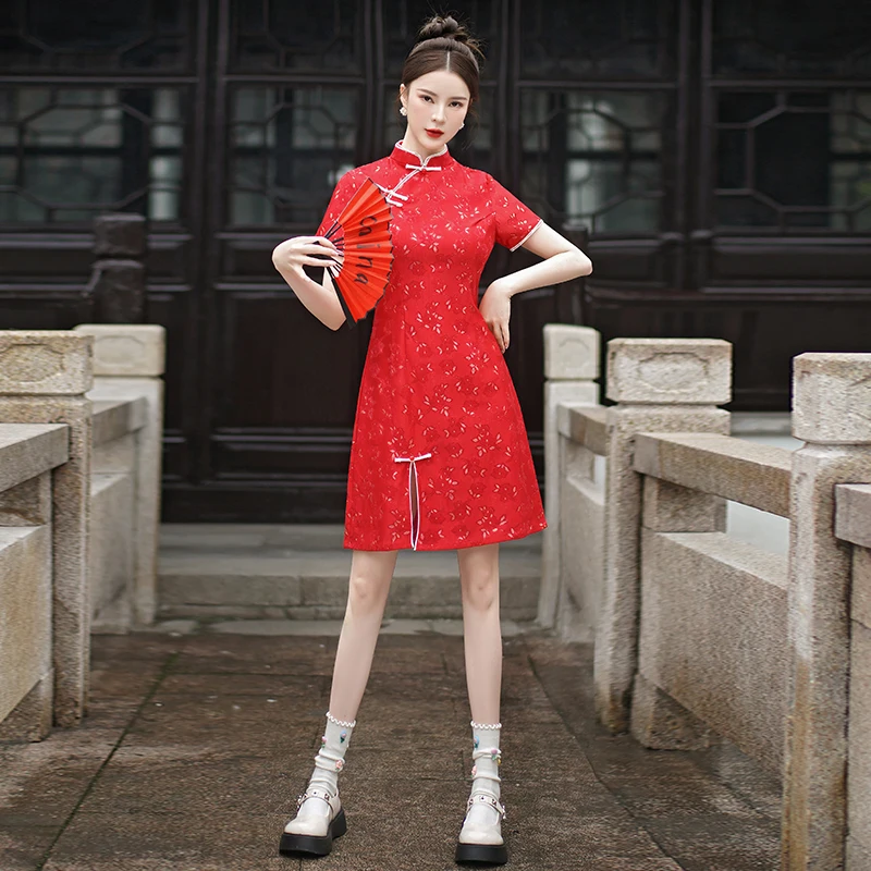 Chinese Style Retro Red Wedding Cheongsam Summer New Lace Modern Improved Qipao Dress New Year CNY