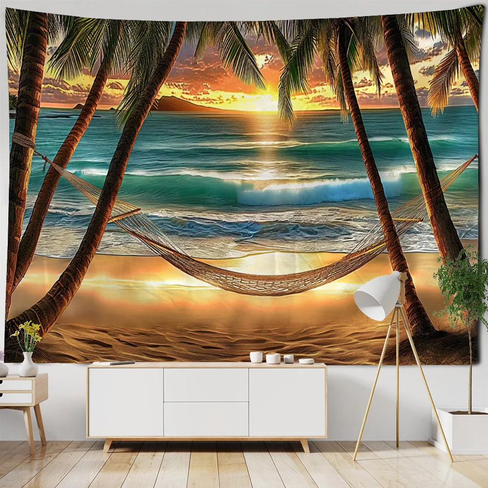 Beautiful Beach Coconut Tree Landscape Tapestry Polyester Fabric tapestry Wall Hanging Bohemian Wave Theme House Decoration