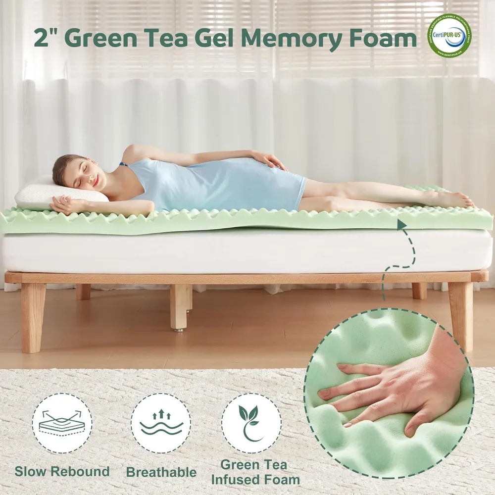 Memory Foam Mattress Topper Queen, 4inch Dual Layer Cooling 2''Gel Green Tea Memory Foam & 2