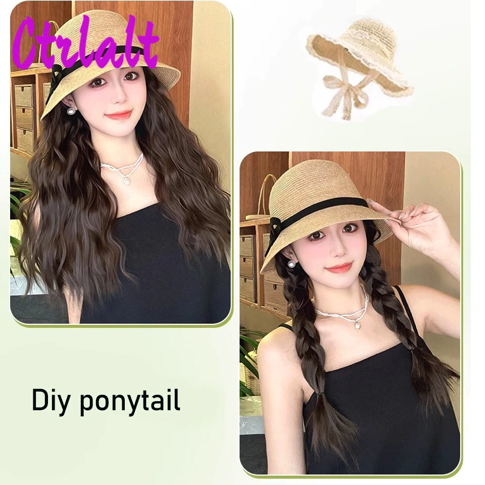 Topi Wig sintetis musim panas dengan rambut Wig hitam bergelombang menghubungkan Wig sintetis untuk penggunaan sehari-hari wanita rambut suhu tinggi