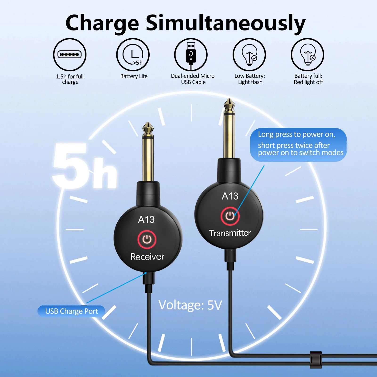 2.4G نظام الغيتار اللاسلكي قابلة للشحن الغيتار جهاز ريسيفر استقبال وإرسال وضع مزدوج التبديل التوصيل والتشغيل نظام الاقتران التلقائي #3