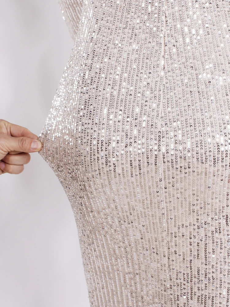 Sequined High Collar Midi Dress Elegant Long Sleeve Bodycon Tight Stretch Knee Length Party Dresses