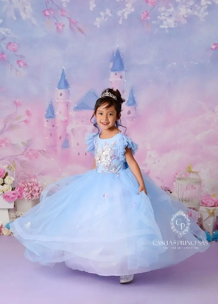 Princess Blue Flower Girl Dresses Ball Gown Little Baby Toddle Girl Christmas Pageant Birthday Ball Gowns Christening Dress