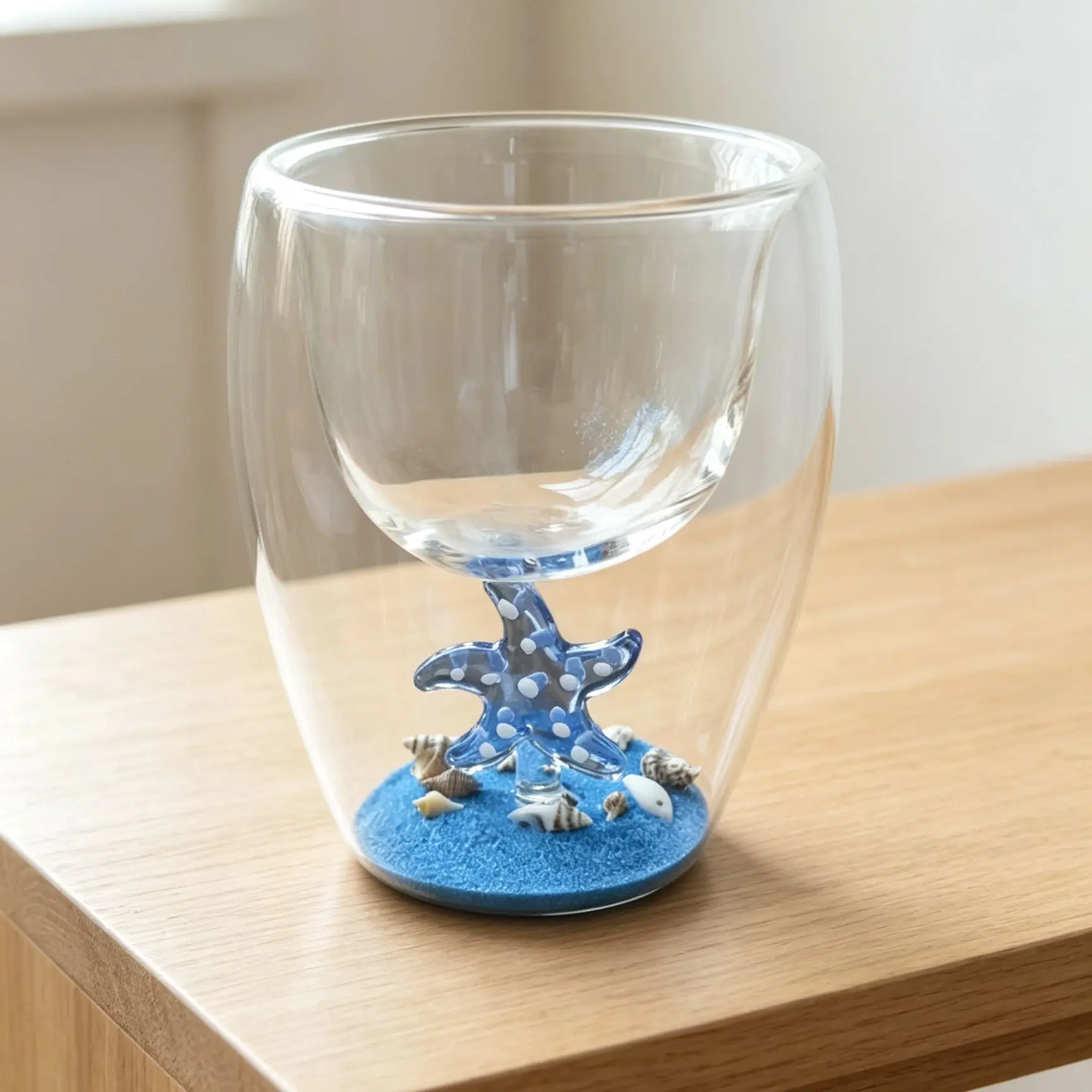 Creative Starfish Double Wall Glass Cup with Blue Sand & Shells - 3D Ocean Theme Coffee Mug, Heat Resistant Wine Glass, Unique G