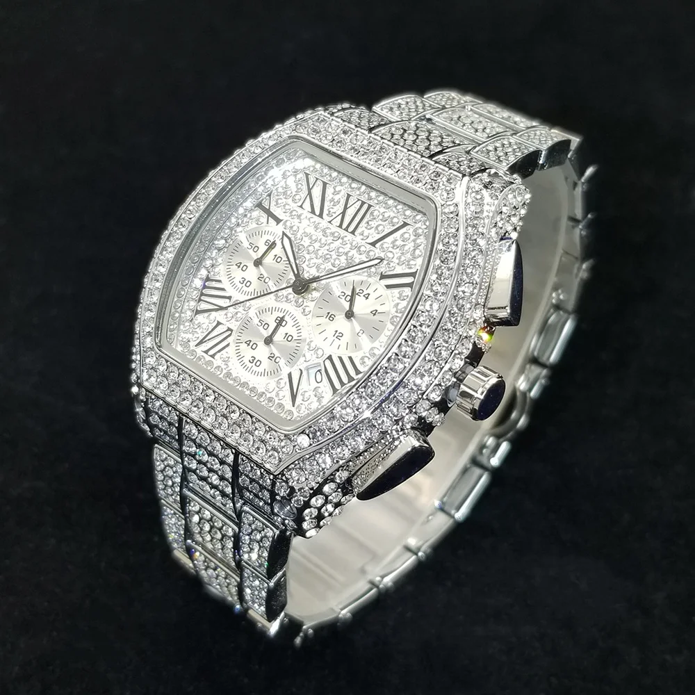أعلى العلامة التجارية الفاخرة الماس ووتش الرجال عالية الجودة الفولاذ المقاوم للصدأ كوارتز ساعة اليد الهيب هوب الجليد خارج للماء ساعات كرونوغراف #2
