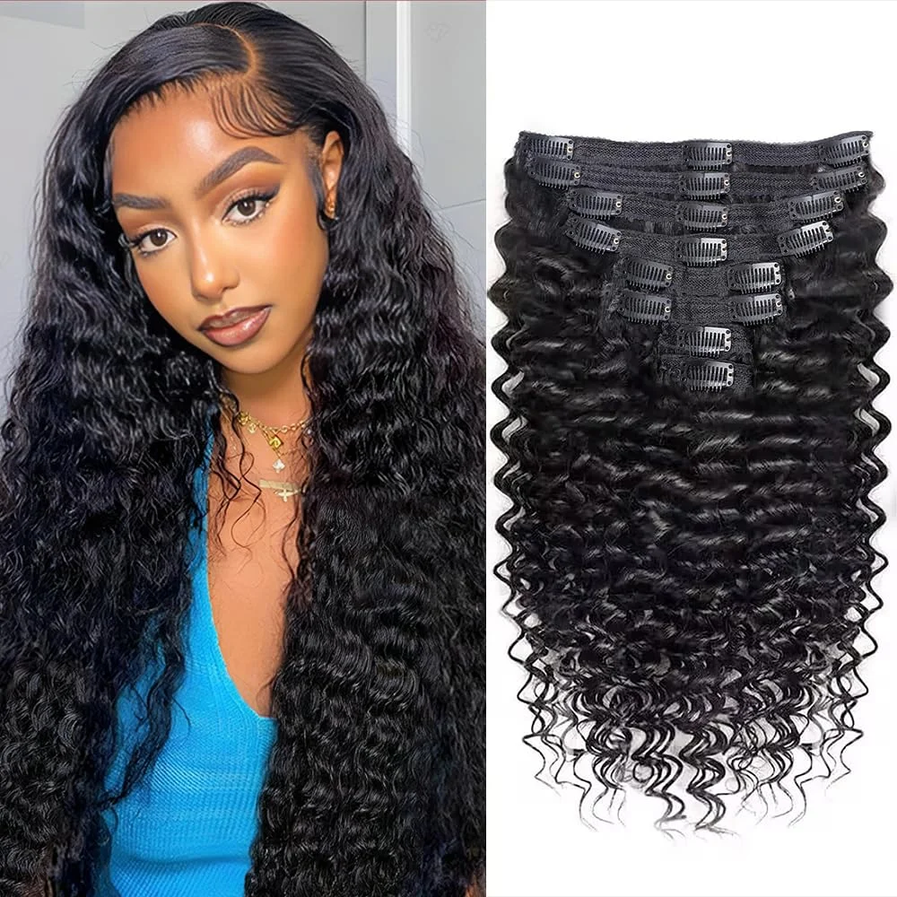 Clip In Extension Deep Wave Full Head for Black Women Brazilian Remy Human Hair Natural Color 8Pcs with18clips 120g/Sett 24inch