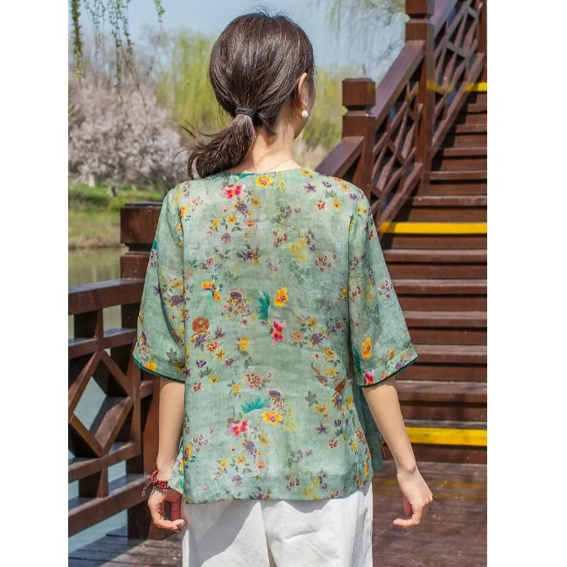 Vintage Cotton Linen Floral Print V Neck Shirt Chinese Style Traditional Female Hanfu Blouse National Loose Women Tops Tang Suit