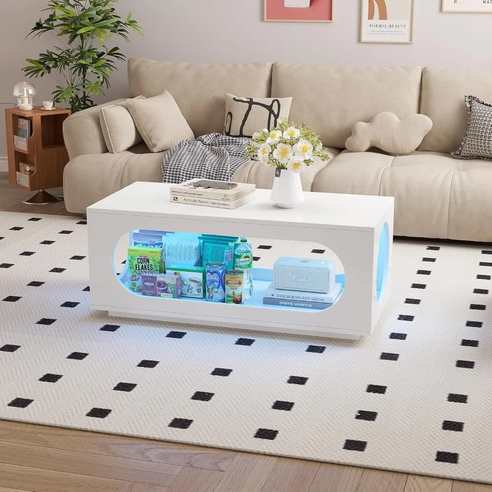 43" White Led Coffee Table for Living Room, Modern Living Room Table Rectangular Contemporary Center Table with Storage, Wooden