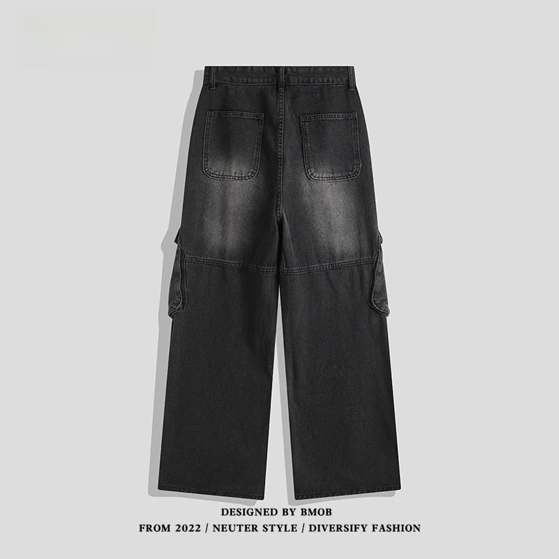 

American Retro Zipper Multi-ket Workwear Jeans Men's Trendy Loose Hip Hop Wide Leg Long Pants Youthful Casual Sle