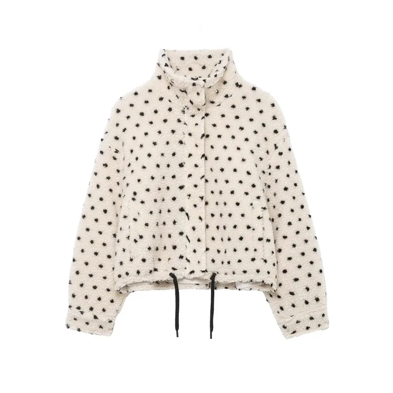High Neck Drawstring Hem Teddy Coat for Autumn & Winter Casual Wear Women's White Polka Dot Fleece Jacket