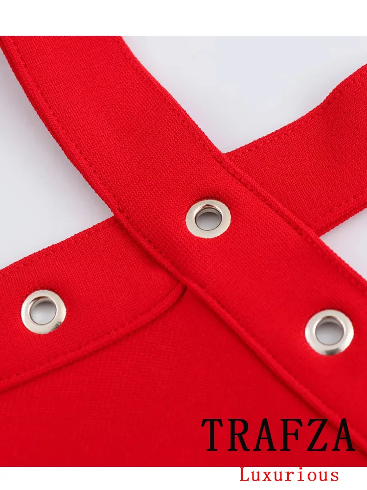 TRAFZA-body Vintage Sexy para mujer, monos cortos ajustados sin mangas de color rojo liso, monos femeninos de tubo para primavera y verano 2025