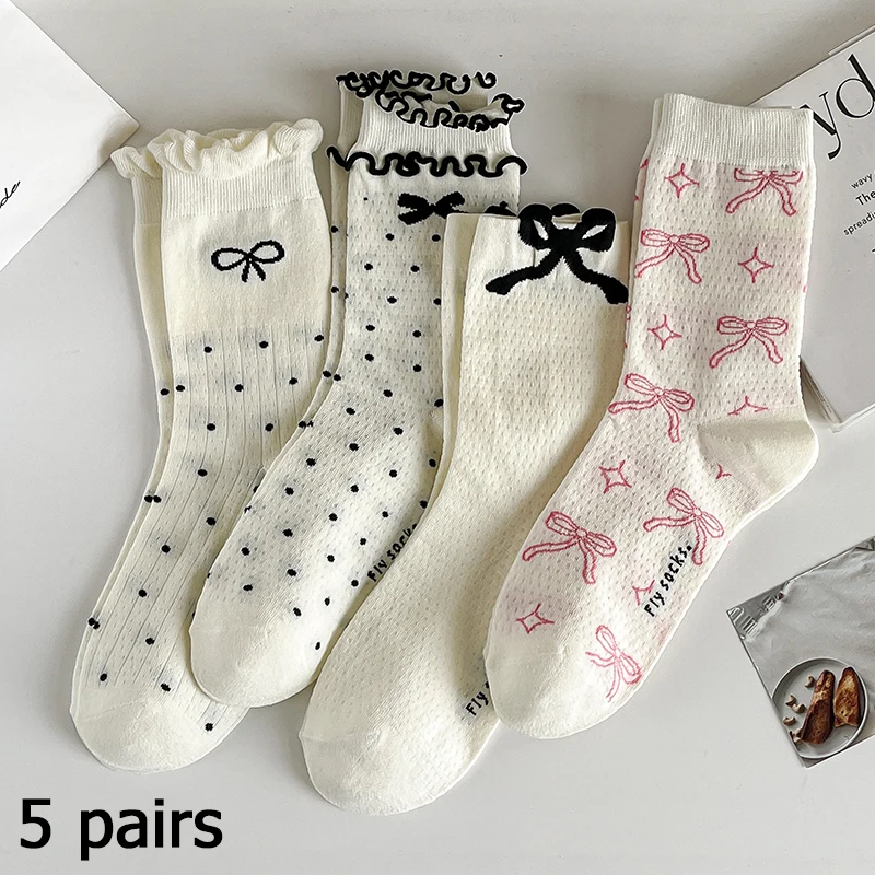 

5pairs Women's Summer New Arrivals Ballet Style Korean Bow Mid-Calf Socks Wholesale Breathable and Moisture-Wicking