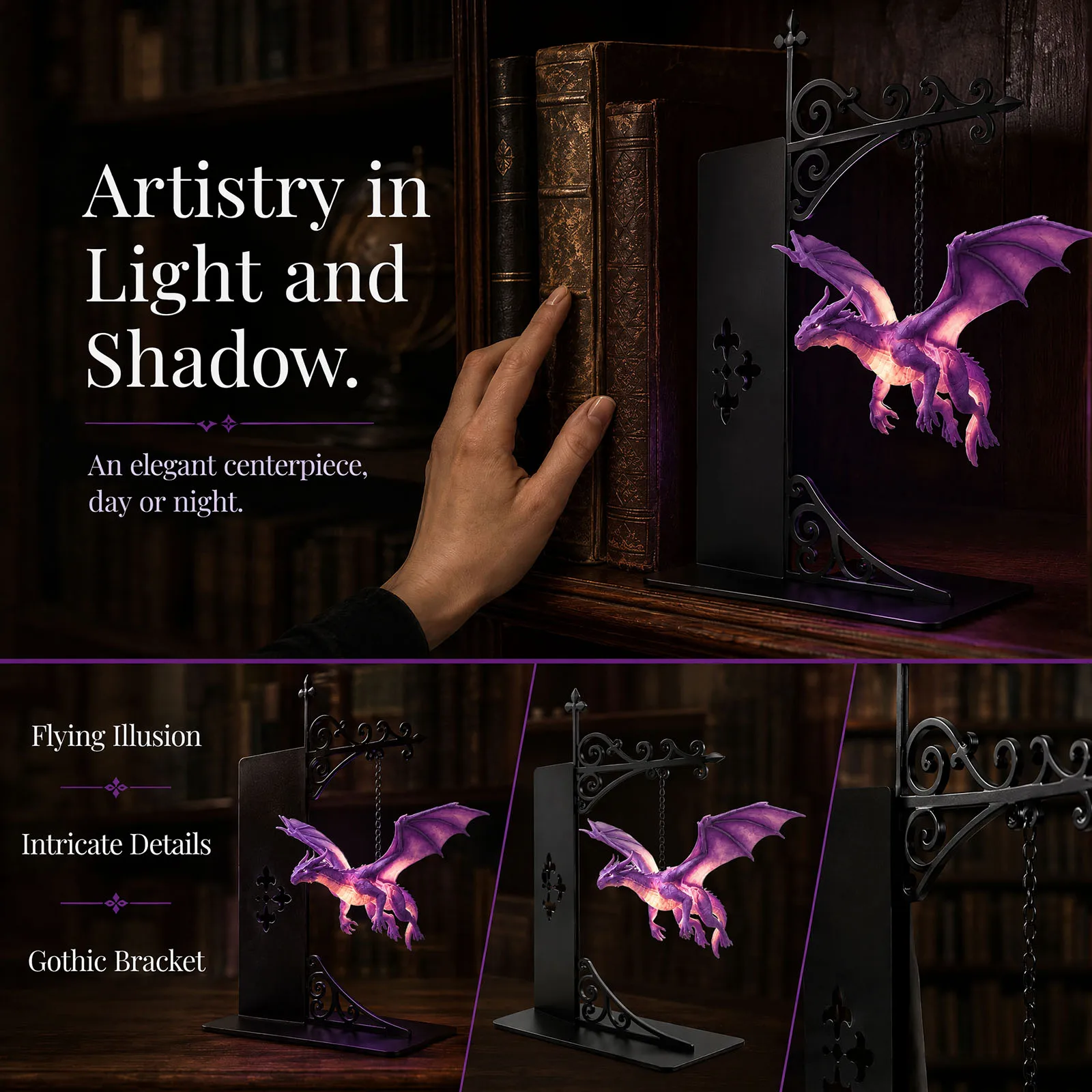 Dragon Reading Nook Light Warm LED Fantasy Bookshelf Night Lamp Creative Bookends Light Metal Shelf Decor(Purple)