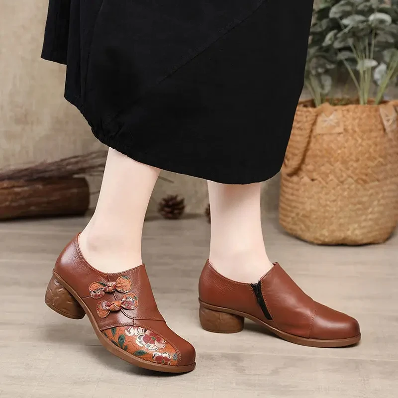 Cozy Retro Floral Low Heels Classic Pumps Women's Vintage Genuine Leather Shoes Ladies Handmade Bohemia Pumps Shoes Black Heels
