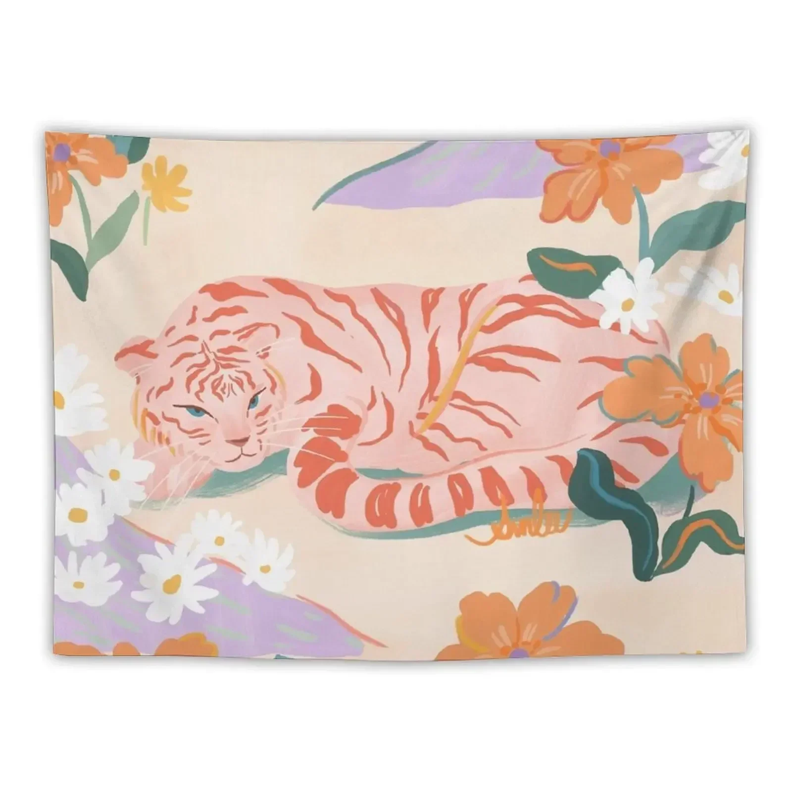 

Pink Tiger in Wild Garden Tapestry Room Decor Korean Style Wall Carpet Tapestry