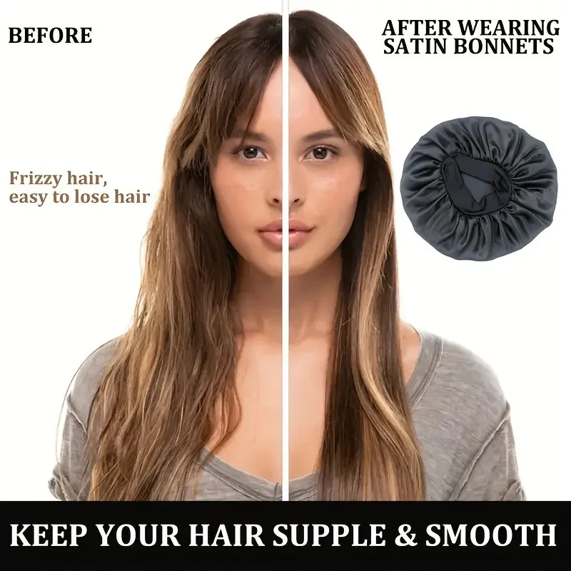 Extra Wide Soft Band Satin Sleep Cap Single-Layer Silk Bonnet Design for Long&Curly Stay-On Hair Night Hair Wrap for Women