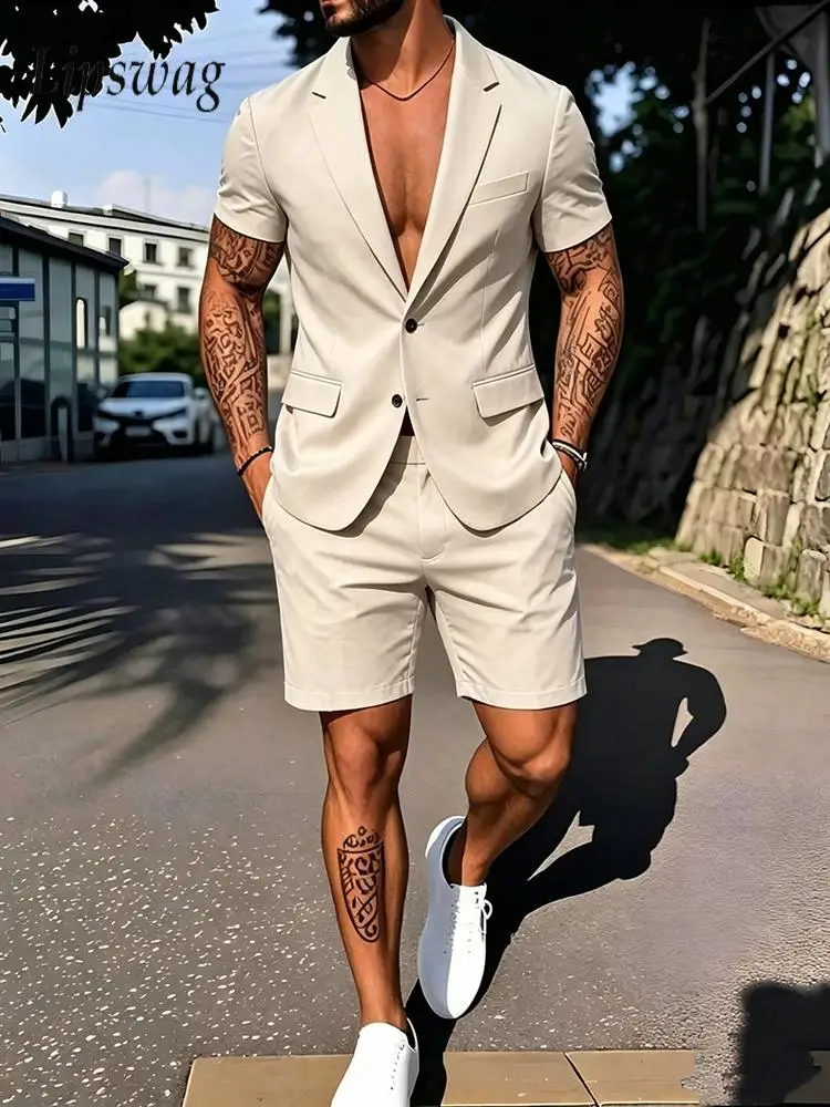 Stylish Mens Two Piece Suits Summer New Casual Short Sleeve Blazer Shirt And Shorts Sets Men Vintage Solid Color Slim Outfits