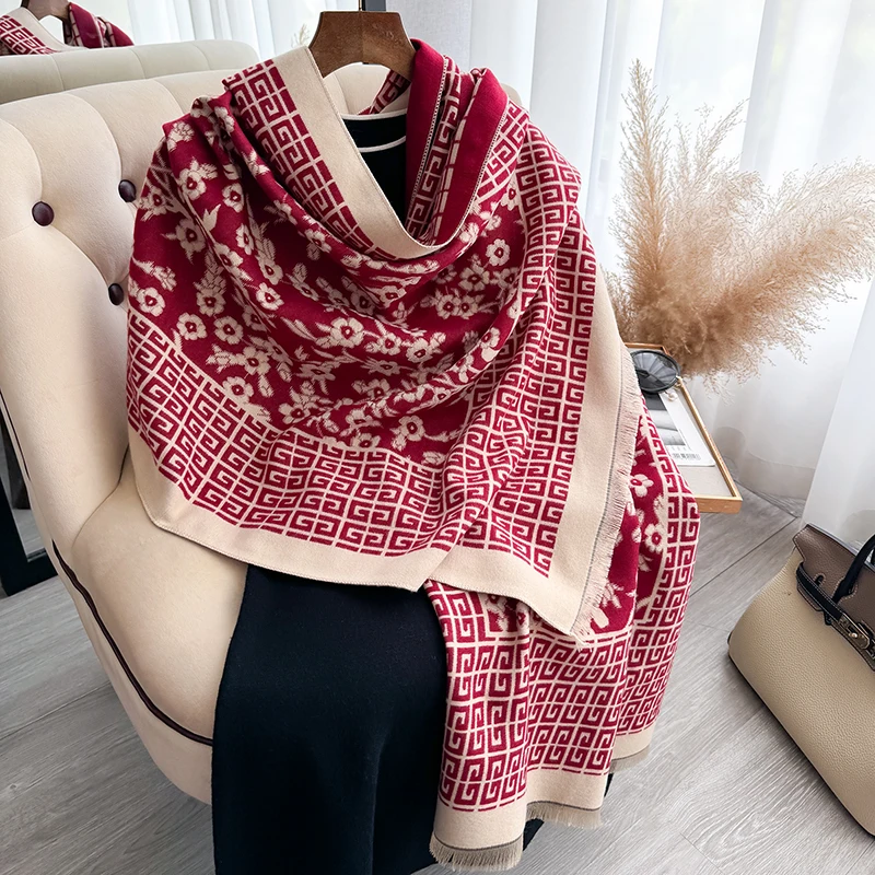 2024 New Elegant Ladies\' Pashmina Plaid and Flower Jacquard Cashmere Scarf Winter Thick Warmth Two-Sided Shawl Blanket Scarf