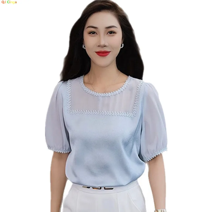 

Женский пуловер с короткими рукавами и кружевным воротником, новинка лета 2025 года, элегантная свободная нижняя рубашка для девочек, азиатский размер M-XXXL