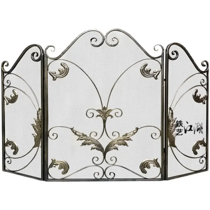 European three-fold wrought iron old fireplace partition screen new floor home heater fence with net fireproof