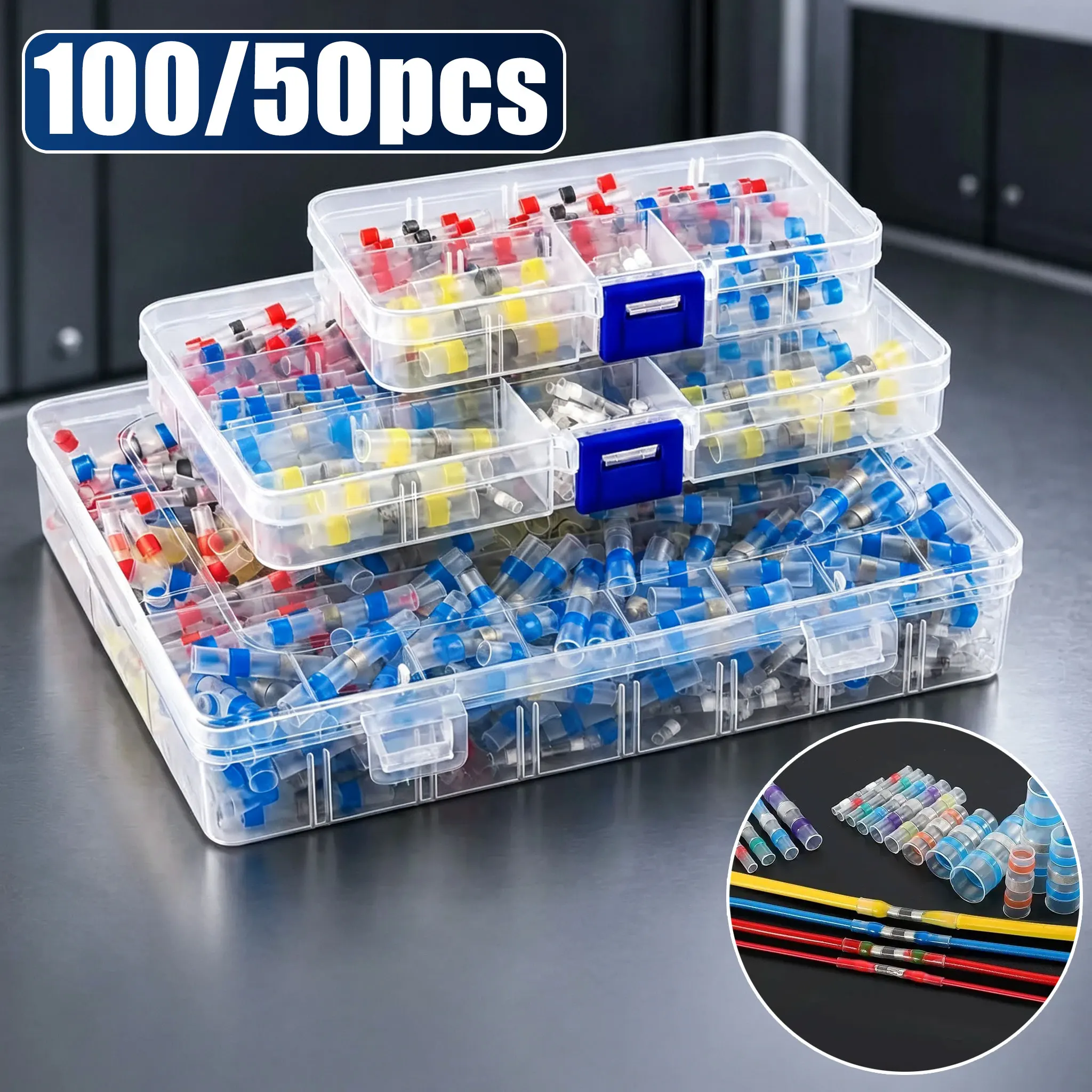 100/50pcs Waterproof Heat Shrink Solder Seal Wire Connectors 26-10 AWG Adhesive Butt Splice Terminal Kit for Cable Repair