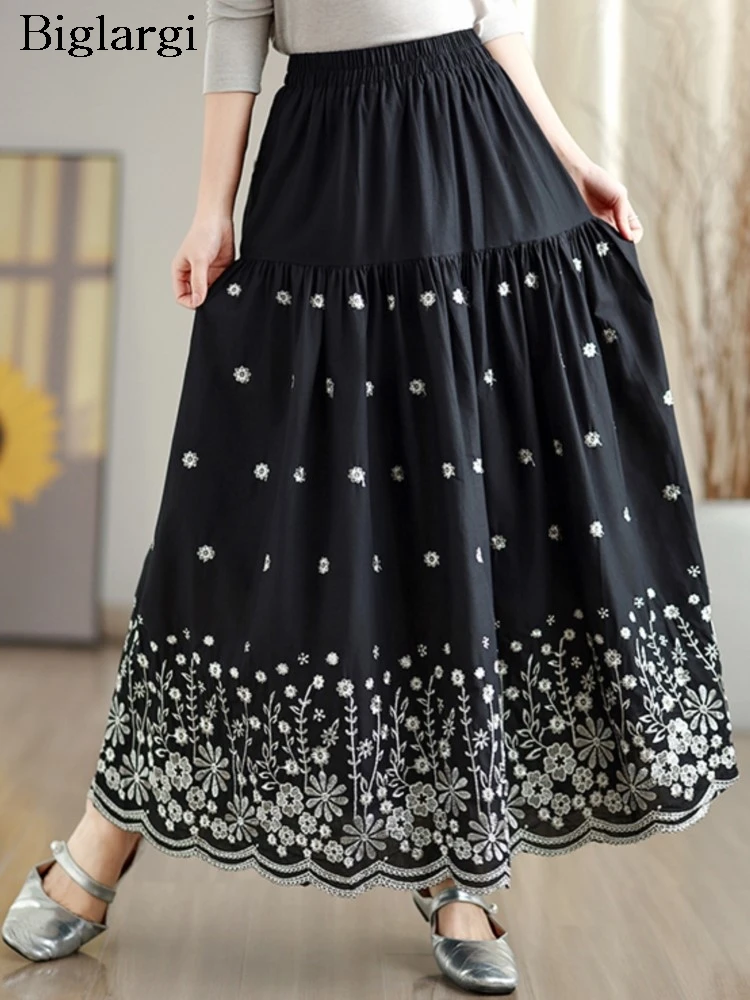 

Oversized Summer Embroidery Pleated Skirt Women High Waist Elegant Tiered Ladies Skirts New Fashion A-line Woman Long Skirt 2026