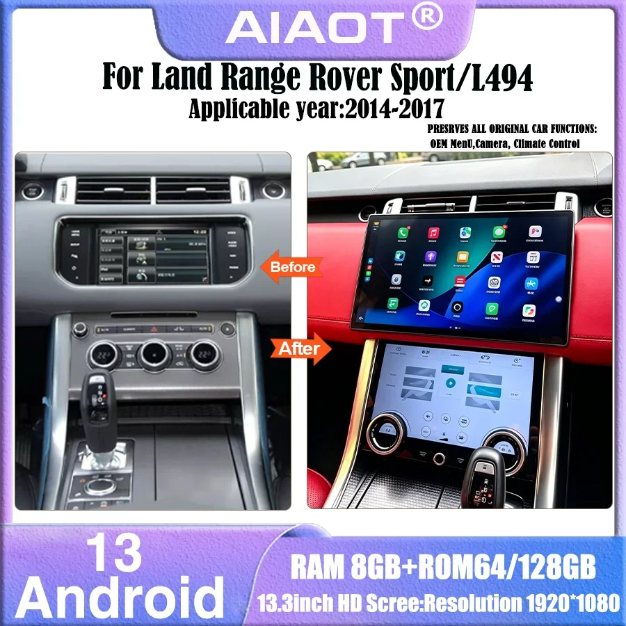 13.3inch Android14 For 2014-2017Land Rover Sport/L494 Multimedia Player Radio Carplay Screen Air Conditioning Panel Bosch/Harman