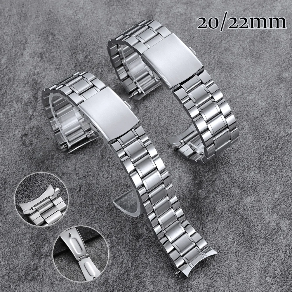 Silver Curved End Stainless Steel Watch Strap 20mm 22mm Men Women Universal Bracelets Metal Watch Band Folding Buckle for Seiko