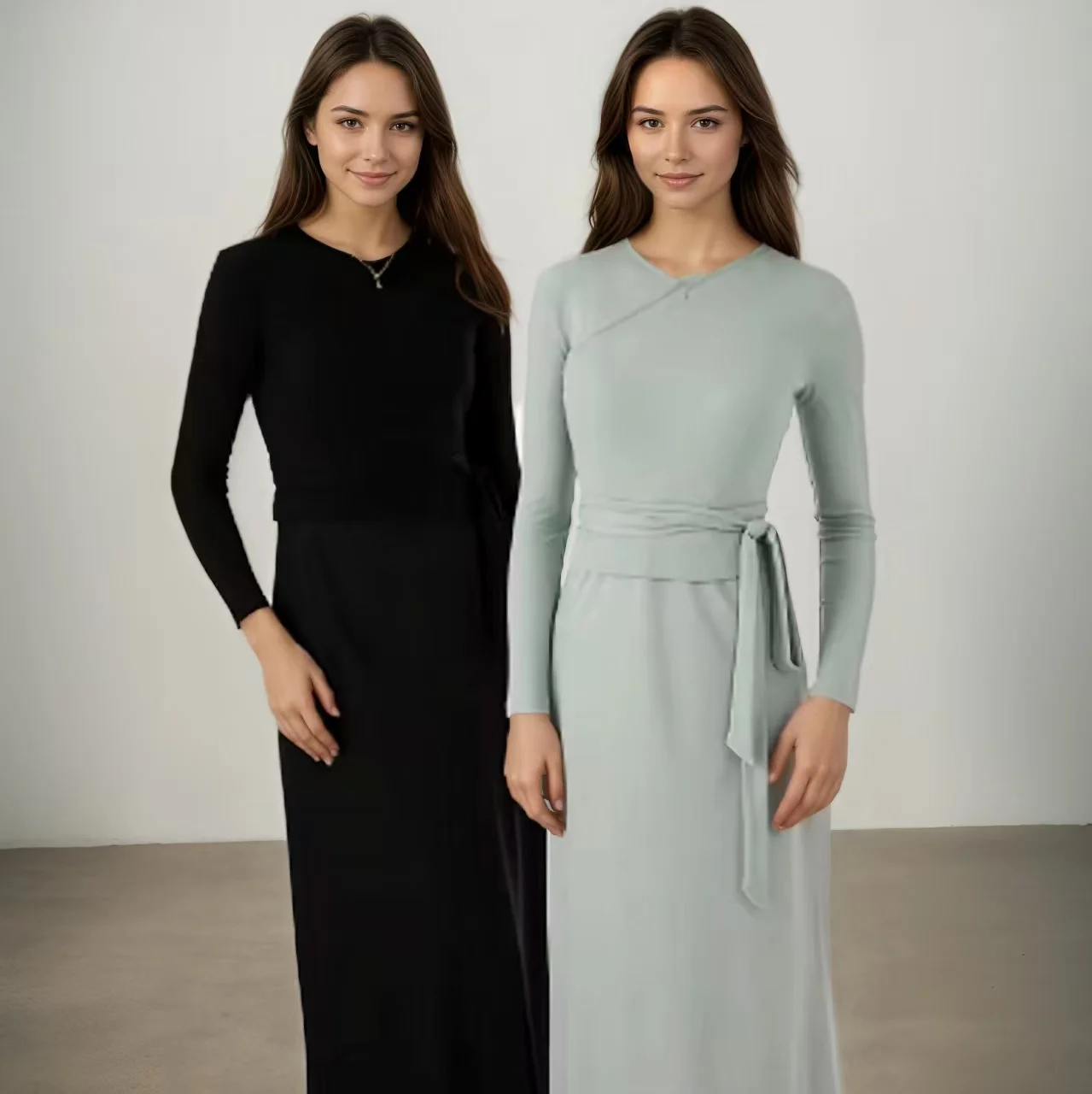 2025 Spring Autumn Women Cotton V-Neck Knitted Top with Belt + Silk Solid Color Strap Long Skirt Casual Commute Wear Out Suit