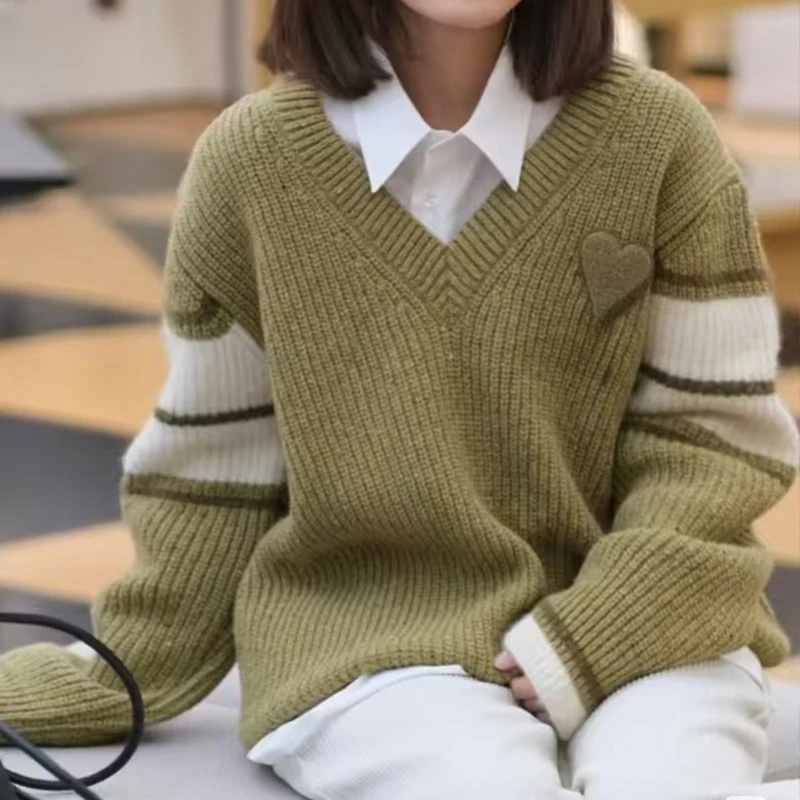 

Couple Sweaters, Matching Set Unisex V-Neck Wool Pullover, Heart Puff Embroidery, Cozy Oversized Valentine's Gift