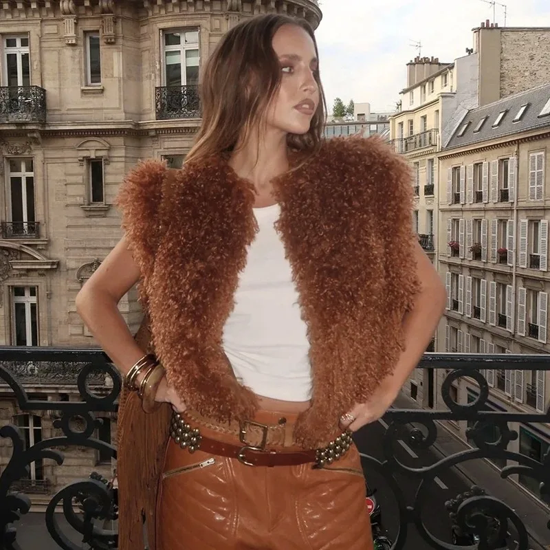 Gilet corti da donna in pelliccia di agnello sintetica senza maniche giacche pelose larghe tinta unita O collo Taddy cappotti di peluche cardigan soffici alla moda invernale