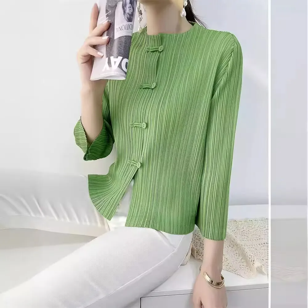 シャツ & ブラウス夏服三宅プリーツ春と夏の中国風プリントシャツ女性の長袖レトロルーズトップ