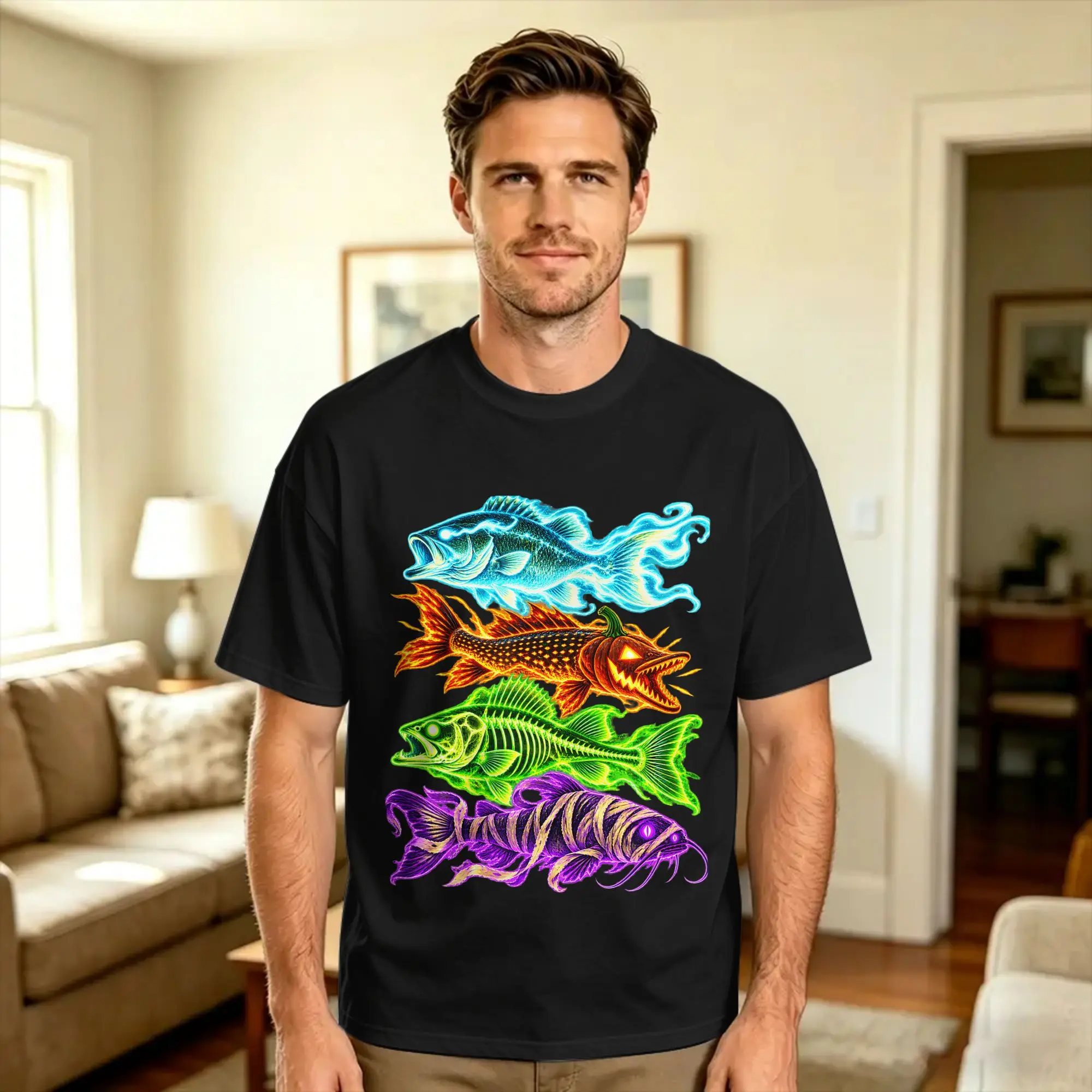 Halloween Trout Fish Ghost Pumpkin Skeleton Mummy T Shirt Men  Y2K Fun T Shirts Summer Crew Neck Fashion Tee Shirt Oversize